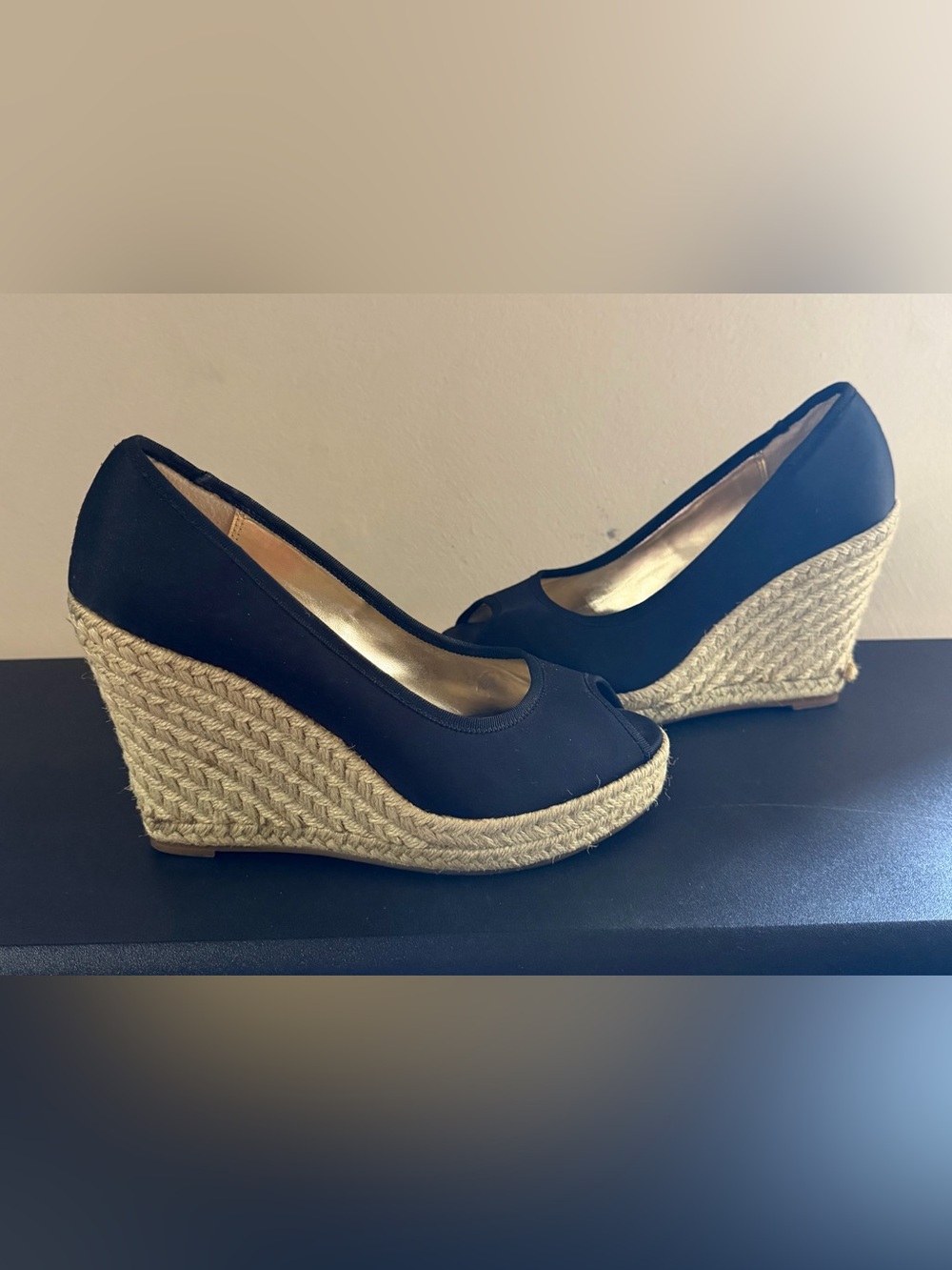 Nordstrom Black Espadrille Peep-Toe Wedge Heels
